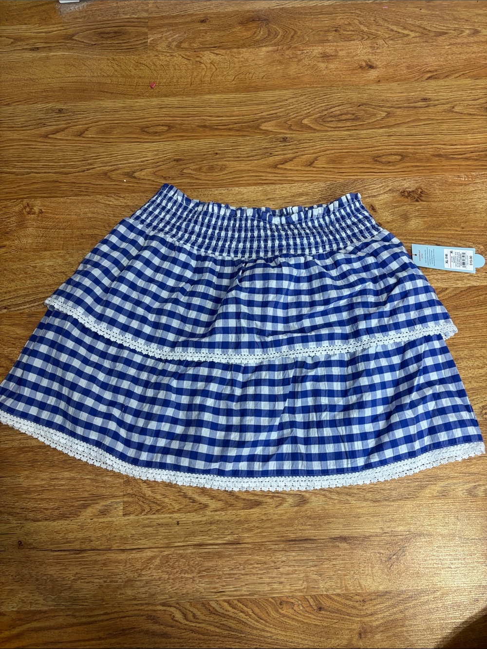 Cat & Jack Blue Gingham Tiered Mini Skirt with White Lace